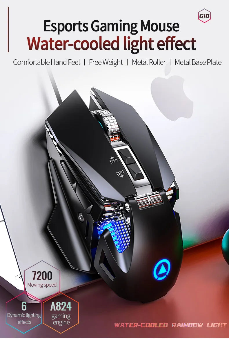 Przewodowa mysz gamingowa e-sportowa z podświetleniem RGB, regulowana czułość 200-7200 DPI, USB, do PC, laptopa i gier FPS