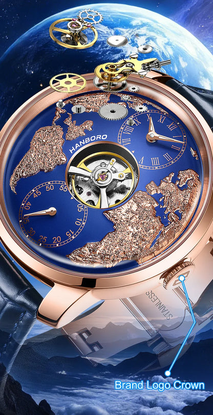 HANBORO World Time Series Men's Fully Automatic Mechanical Watch with Hollow Flywheel World Earth Personality Watch 1026