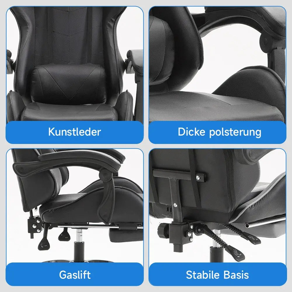 Ergonomic Gaming Chair with Lumbar Support, PU Leather Office Chair, Adjustable Height Computer Chair with Headrest, 360° Swivel