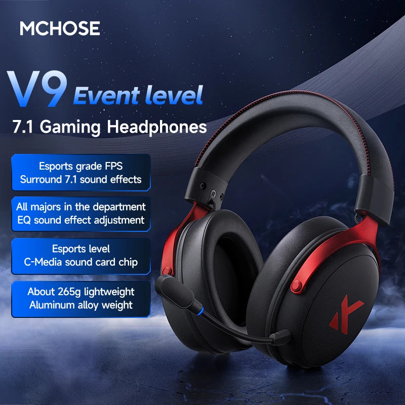 MCHOSE V9 Pro Wireless Gaming Headset with Microphone, Bluetooth Three Mode Gamer Headphones, ANC Noise Cancelling PC Gaming Headset