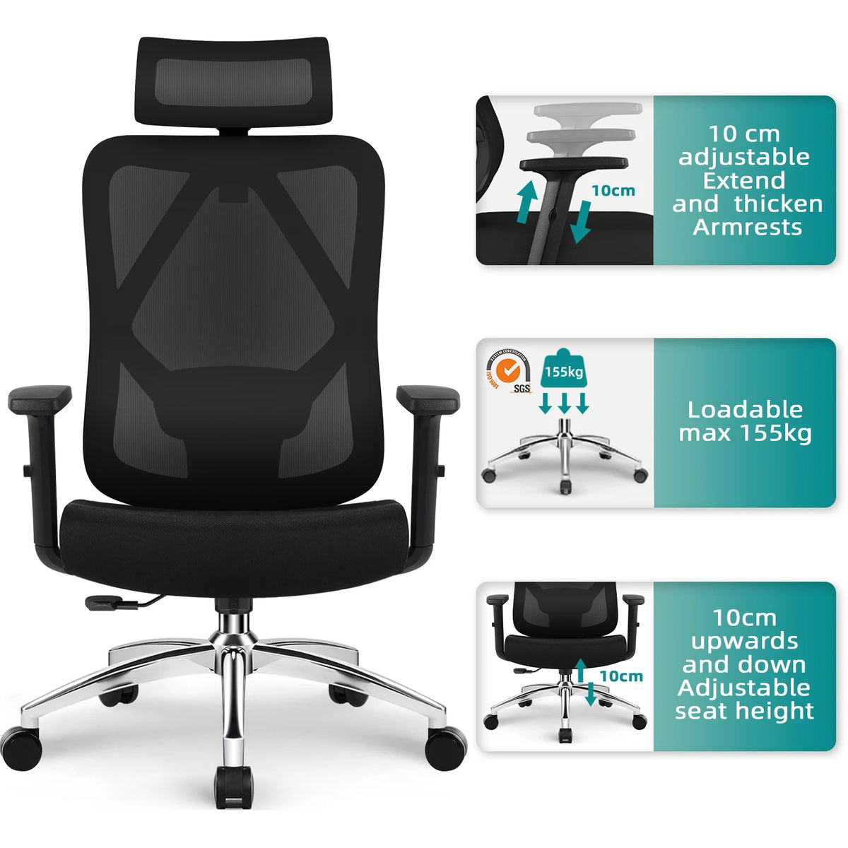 Daccormax Ergonomic Office Chair with 3D Lumbar Support, Mesh Desk Chair, Adjustable Headrest, Reclining Swivel Computer Chair for Home Office