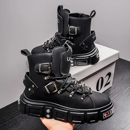 Fashion Rivet Black High top Sneakers Men Leather Design Luxury Shoes Street Gothic Punk Boots Men Motorcycle Boots Big Size 46