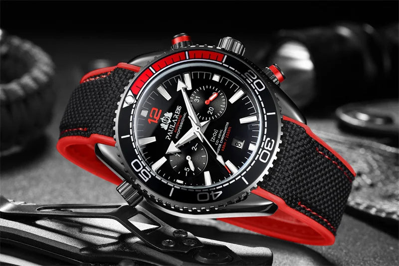 PAULAREIS P Luxury Men Automatic Self Wind Mechanical Watch for Men Rubber Strap Waterproof Luminous Date Fashion Mens Watches