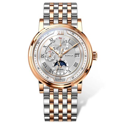 BORMAN BM3868 Novos relógios de pulso automáticos mecânicos de luxo para homem, 40 mm, com vidro de safira, multifunções, à prova de água e com fase lunar
