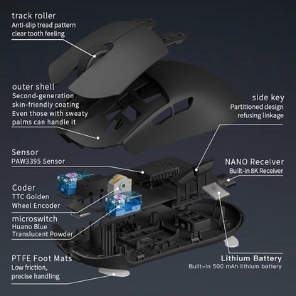 Ratón gaming Darmoshark M3 V2 Double 8K inalámbrico trimodo 26KDPI con sensor PAW3395, ratón macro para manos grandes para ordenador portátil y PC