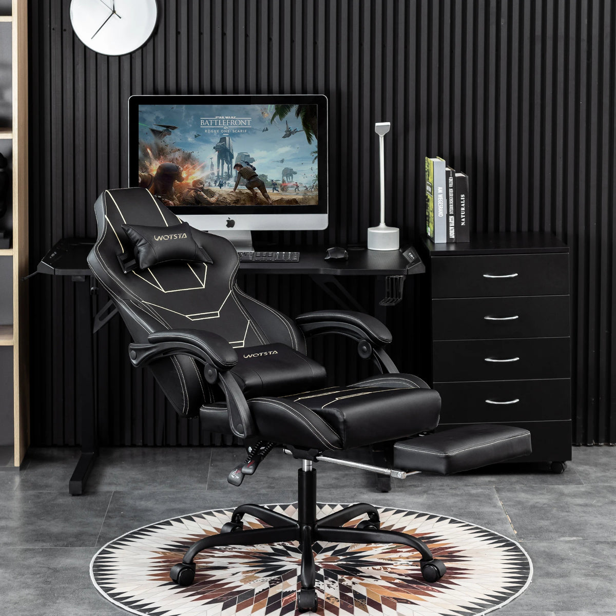 WOTSTA Ergonomic Gaming Chair with Footrest, Racing Computer Chair, Adjustable Height Office Chair with Armrests, Comfortable Leather Gaming Seat