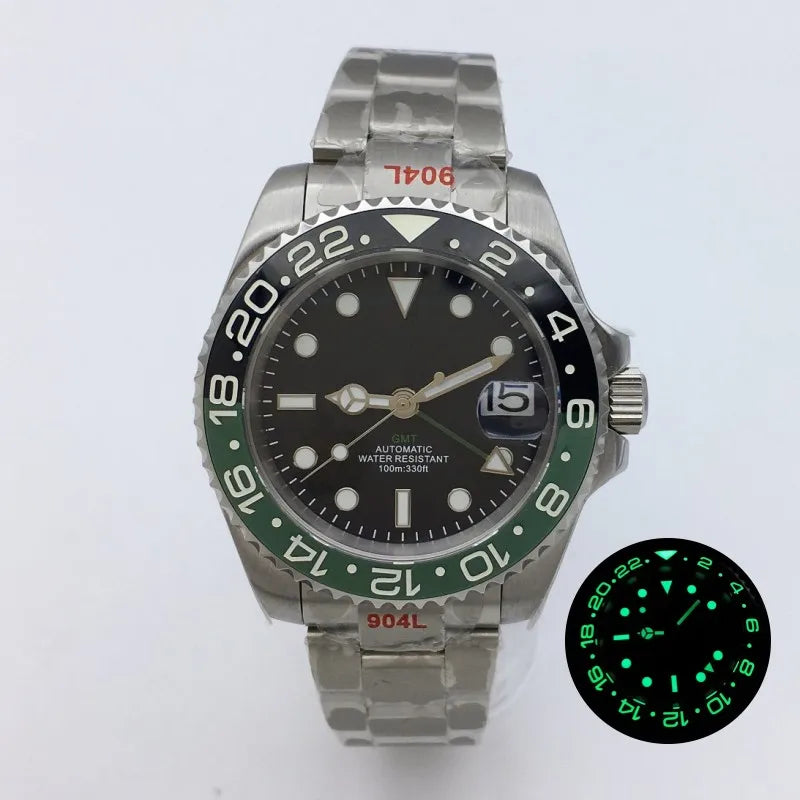 BLIGER 40mm NH34 GMT Watch For Men Mechanical Wristwatch Luminous Bezel Sapphire Glass Stainless Steel Bracelet Reloj Hombre