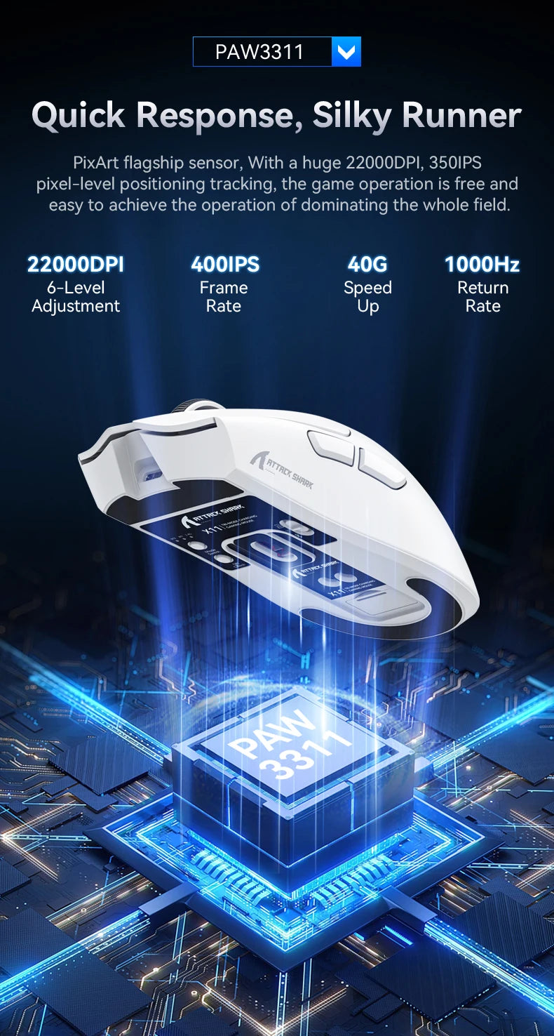 ATTACK SHARK X11 Lightweight Wireless Gaming Mouse, 22K DPI RGB Gaming Mouse with PAW3311 Optical Sensor, Tri-Mode Rechargeable Gaming Mouse