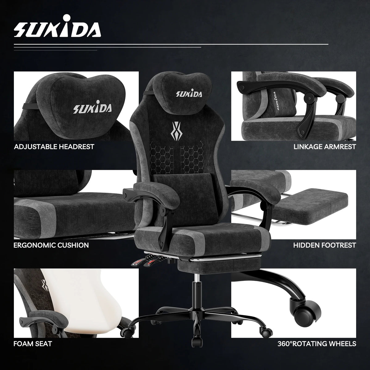 SUKIDA Ergonomic Gaming Chair Breathable Fabric Office Chair with Lumbar Support, Adjustable Height PC Gaming Chair, Comfortable Executive Desk Chair