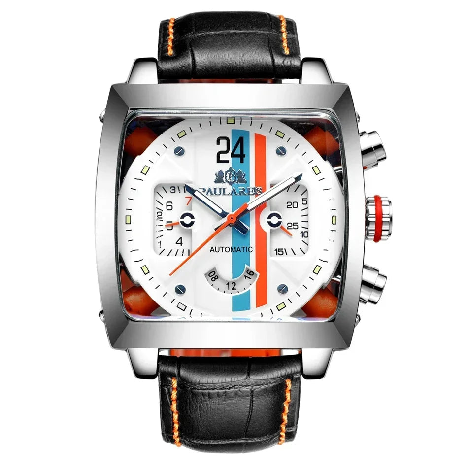 Automatic Watches for Men Mechanical Genuine Leather Stainless Steel Black Orange Blue Casual 40mm Perspective See Through Watch