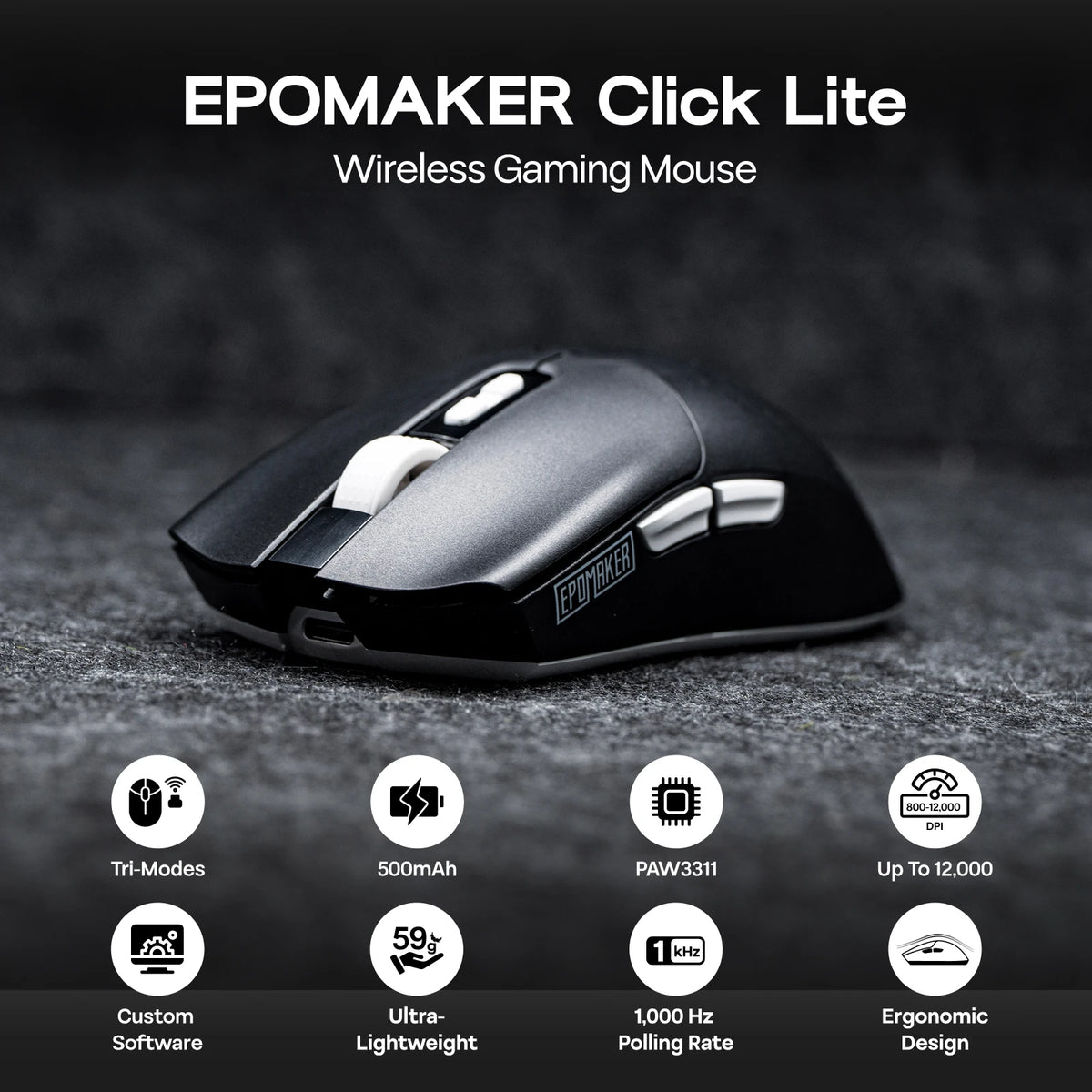 Mouse da gaming EPOMAKER Click Lite cablato/BT/wireless 2.4GHz con sensore PAW3311, da 800 a 24000 DPI e batteria da 500mAh per PC/Mac/Linux