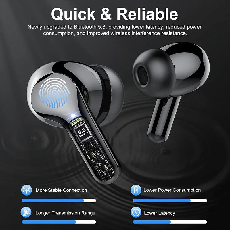 New Wireless Earbuds Bluetooth 5.3 HiFi Stereo Earbuds with ENC Noise Cancelling, IP7 Waterproof, 48H LED Display Charging Case, Deep Bass Wireless Earbuds with Microphone