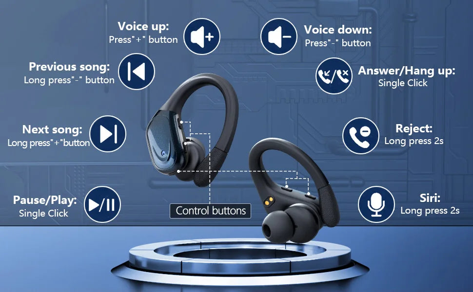 Bluetooth 5.3 Earphones True Wireless Headphones – Bluetooth 5.3 Earphones with Mic, Sports Earhooks, Noise Reduction, Waterproof TWS Bluetooth 5.3 Earphones for Running, Gym & Outdoor Use
