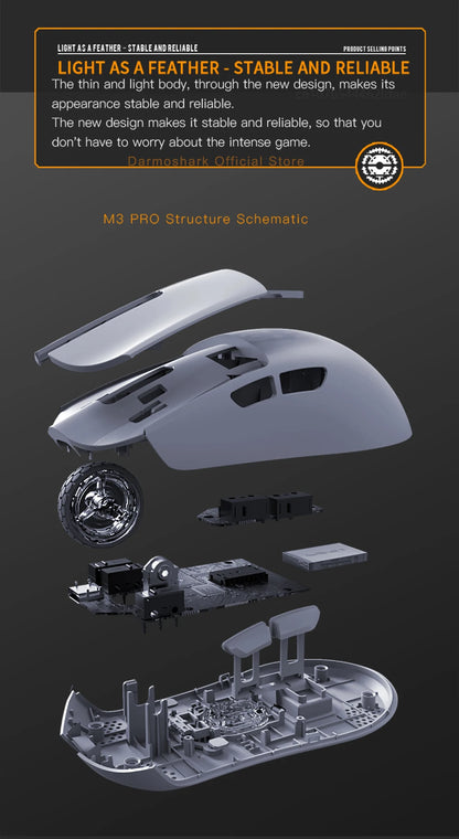 Ratón gaming Darmoshark M3Pro 2.4G BT inalámbrico trimodo con sensor PAW3395 N52840, 26000DPI, para manos grandes, controlador macro para gaming