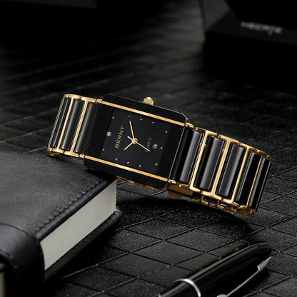 BERNY Ceramic Quartz Men Watch Fashion Luxury Rectangle Wristwatch XV12 Waterproof Calendar Diamon Black Gold Couple Gifts Watch