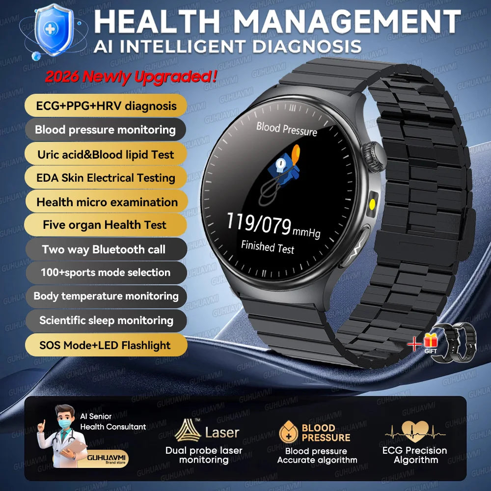 2026 AI Health Smartwatch ECG + PPG, Blood Pressure, Uric Acid & Body Fat Monitoring, AMOLED Display & Bluetooth Calling