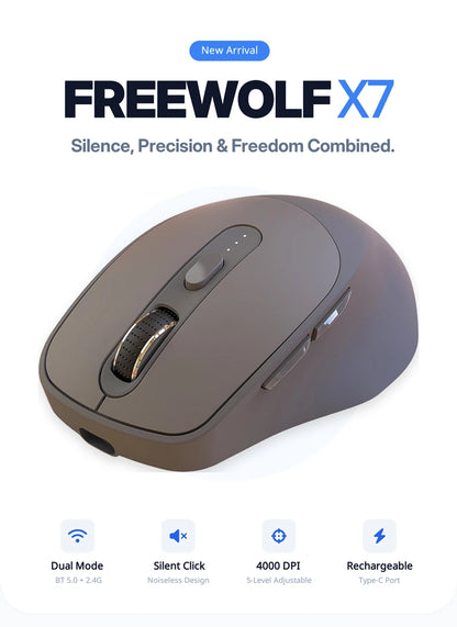 Mouse wireless FREEWOLF X7 Bluetooth 2.4G dual mode silenzioso ricaricabile 4000DPI con indicatore batteria ergonomico per PC Mac laptop