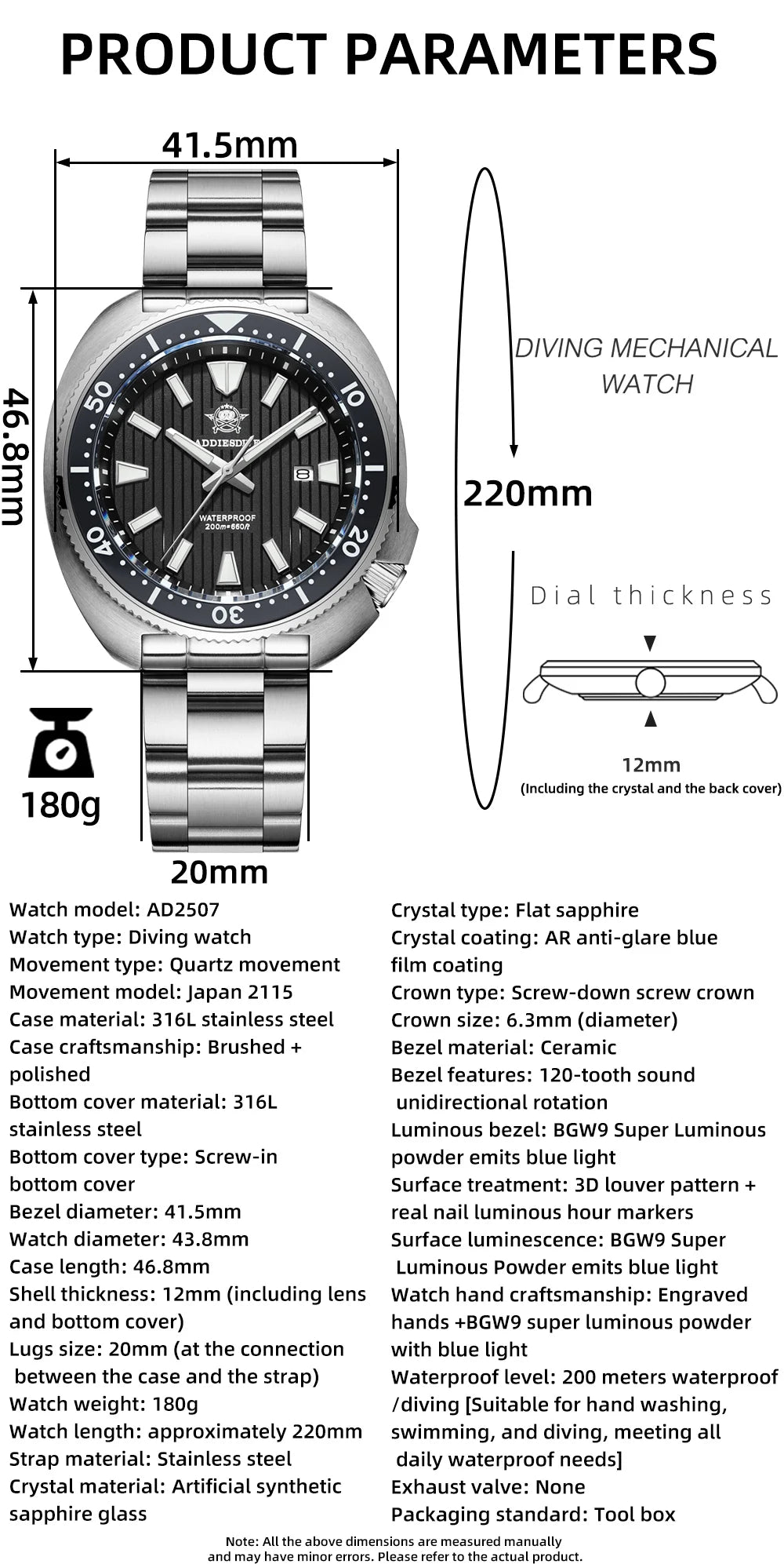 ADDIESDIVE Luxury Men's Watches Stainless Steel Sapphire Crystal Quartz Watch for Men Luminous 20Bar Waterproof NEW Wristwatches