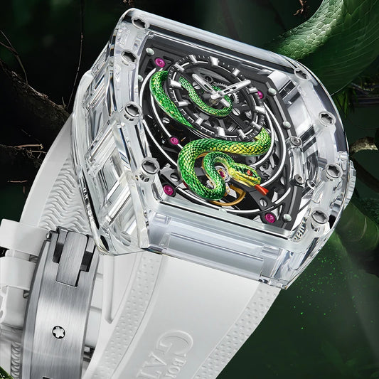 BONEST GATTI Men Mechanical Watch Sapphire Crystal Double Sided Hollow Out Luminous 30M Waterproof Snake Pattern Dial Wristwatch