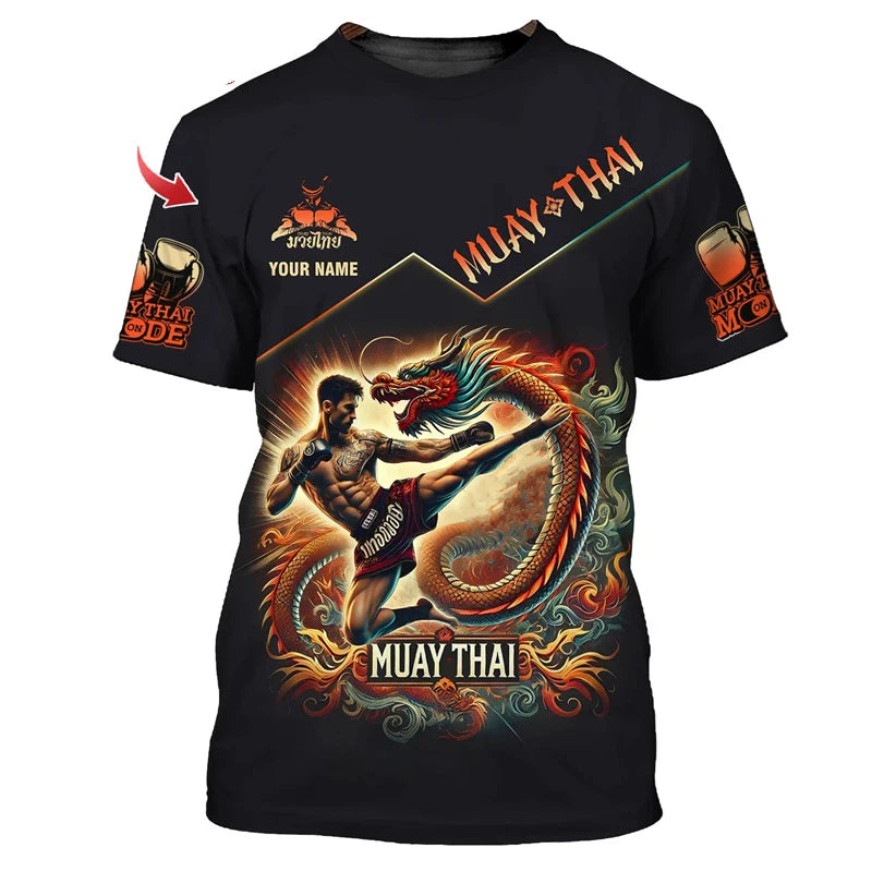 Stylové nové pánské tričko s grafikou Muay Thai, 3D potiskem tygra a draka, personalizovaným jménem a výrazným designem, letní tričko na gym a fitness