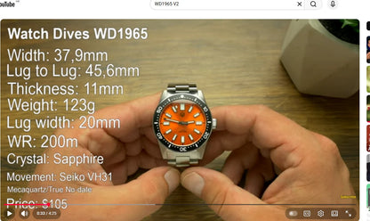 WATCHDIVES WD1965 V2 Men’s Luxury Dive Watch VH31 Quartz, Sapphire Crystal, Stainless Steel & 200M Water Resistant