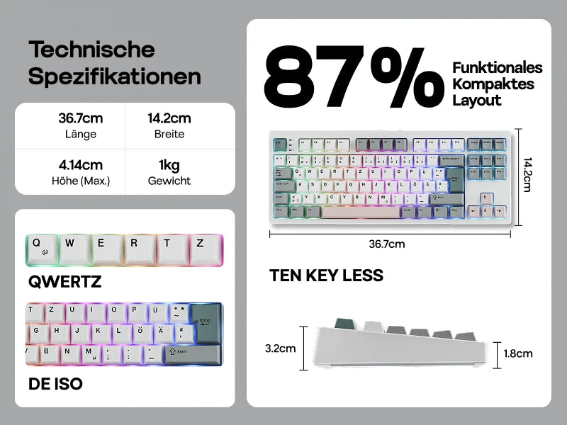 EPOMAKER TH87 ISO-DE Tenkeyless TKL Layout Gasket Wired/Bluetooth/2.4 GHz Wireless Mechanical Keyboard with RGB Backlight