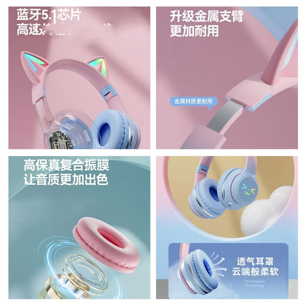 RGB Cat Ear Bluetooth Headphones Wireless Gaming Headset with Microphone, Cute LED Light Stereo Music Headphones for Kids Girls Gifts