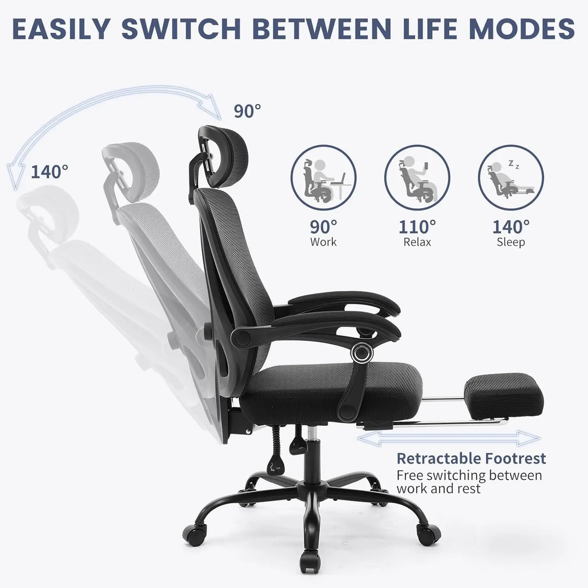Ergonomic Office Chair with Adjustable Lumbar Support & Footrest, High-Back Mesh Gaming Chair, Reclining Home Office Desk Chair with Tilt Mechanism