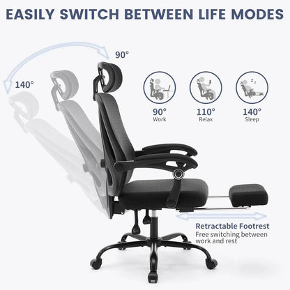 Ergonomic Office Chair with Adjustable Lumbar Support & Footrest, High-Back Mesh Gaming Chair, Reclining Home Office Desk Chair with Tilt Mechanism