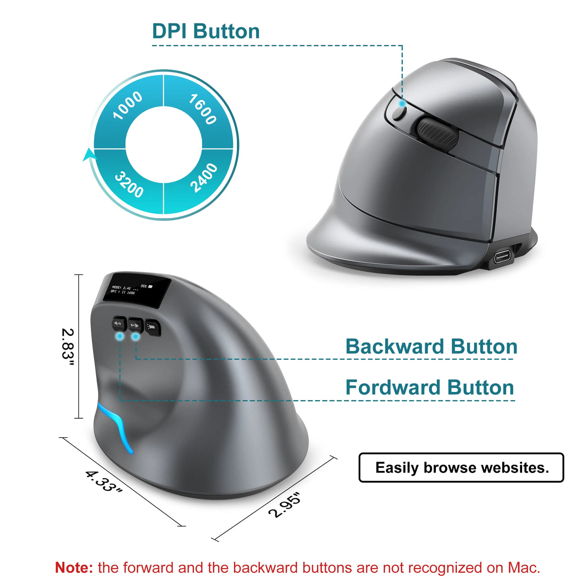 Lefon F26C Vertical Wireless Ergonomic Mouse with OLED Screen, Bluetooth Rechargeable RGB Mouse, 3200 DPI Optical Gaming Mouse for PC & Laptop