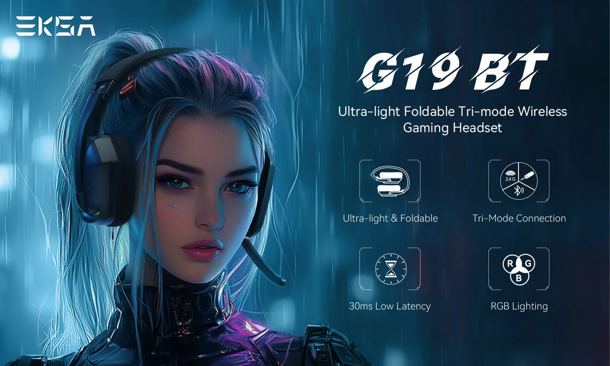 Auscultadores Gaming Sem Fios Tri-Mode EKSA G19BT – Bluetooth 5.4, Auscultadores Gaming 2.4GHz de Baixa Latência com Microfone para PC, PS5, Xbox