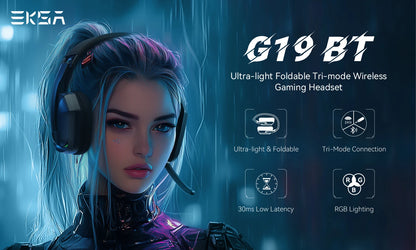 Auscultadores Gaming Sem Fios Tri-Mode EKSA G19BT – Bluetooth 5.4, Auscultadores Gaming 2.4GHz de Baixa Latência com Microfone para PC, PS5, Xbox