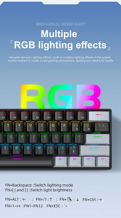 APAYADO K61 60% mini drátová herní mechanická klávesnice Phantom RGB, 61 kláves, červené/modré spínače, ergonomická, přenosná pro PC/notebook
