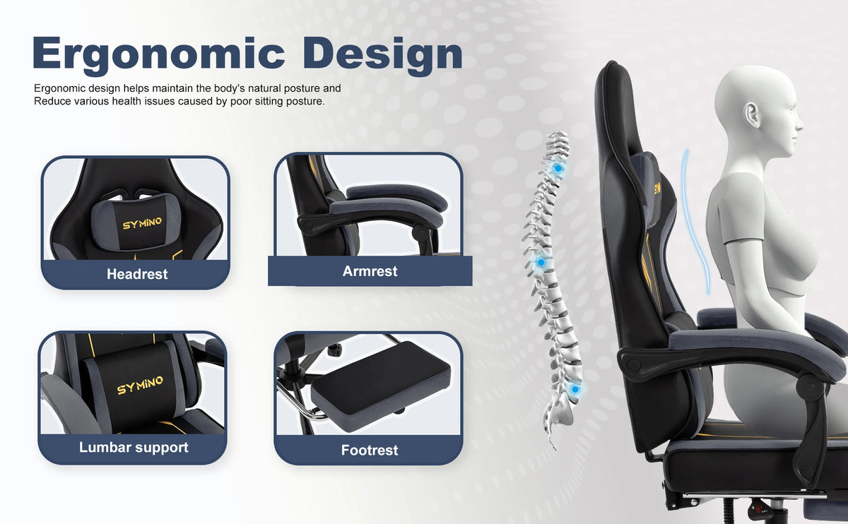 SYMINO Ergonomic Gaming Chair with Footrest, Latex Cushion Racing Style Gaming Chair, Adjustable Reclining Office Chair with Armrests & Wheels