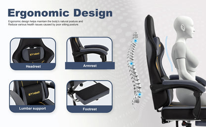 SYMINO Ergonomic Gaming Chair with Footrest, Latex Cushion Racing Style Gaming Chair, Adjustable Reclining Office Chair with Armrests & Wheels