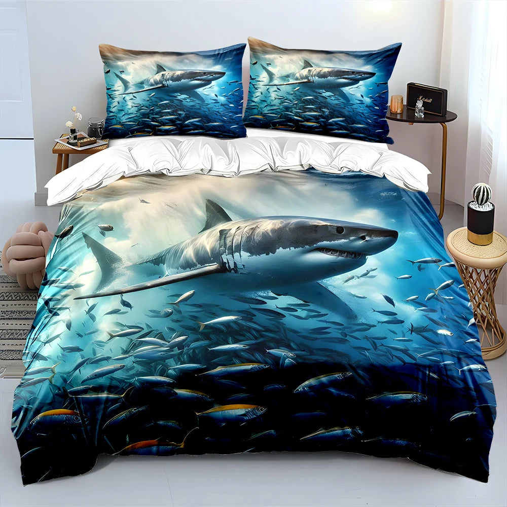 Shark swimming through fish swarm Print Soft Comfortable Duvet Cover Bedding Set Included 1*Duvet Cover  2*Pillowcases