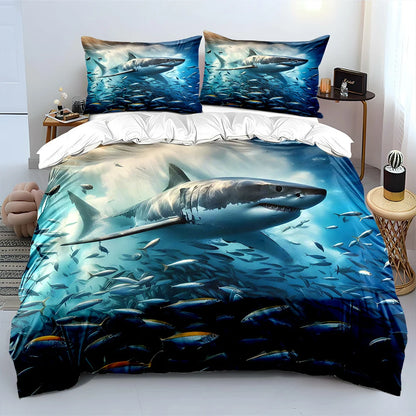 Shark swimming through fish swarm Print Soft Comfortable Duvet Cover Bedding Set Included 1*Duvet Cover  2*Pillowcases