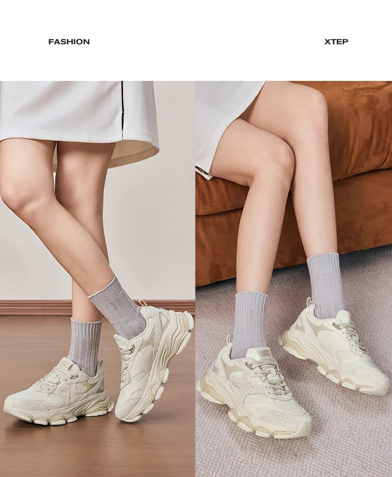 Xtep Chinoiserie Casual Shoes Female 2025 Spring Increase Thick Sole Sports Shoes Outdoor Vintage Fashion Sneakers 875118320006