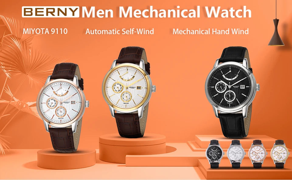 BERNY Luxury Automatic Watches for Men Fashion Elegant Mechanical Wristwatch Sapphire Date Week High-end Men's Dress Watch