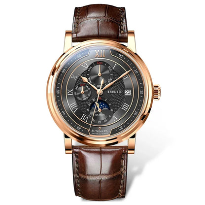 BORMAN BM3868 Novos relógios de pulso automáticos mecânicos de luxo para homem, 40 mm, com vidro de safira, multifunções, à prova de água e com fase lunar