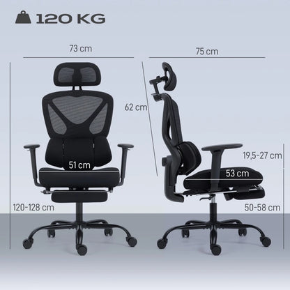 Ergonomic Office Chair with Lumbar Support, Mesh Back, Adjustable Armrests, Headrest, Wheels & Reclining Footrest for Home Office