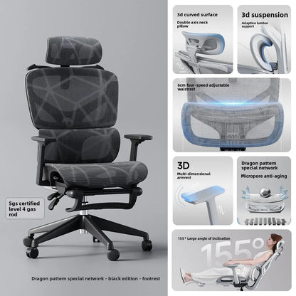 Nastavitelná ergonomická kancelářská židle ze síťoviny, prodyšná počítačová židle s vysokým opěradlem, 6D bederní opěrkou a výsuvnou podnožkou