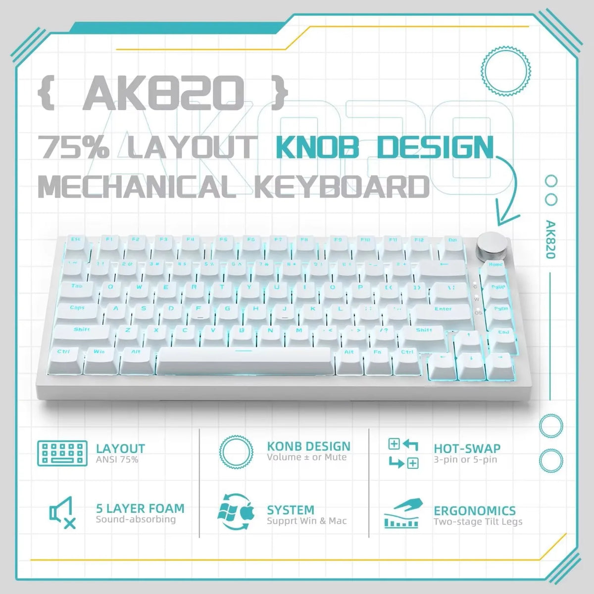 AJAZZ AK820 Wired Mechanical Keyboard Full-Key Hot-Swap Keyboard with Removable USB Port, White & Ice Blue Backlit Gaming Keyboard for PC