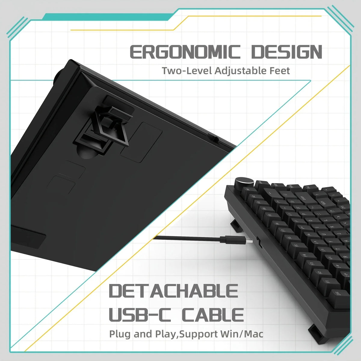AJAZZ AK820 Mechanical Keyboard Hot-Swappable 82-Key Wired Keyboard with Rotary Volume Knob for Office, Gaming & Home