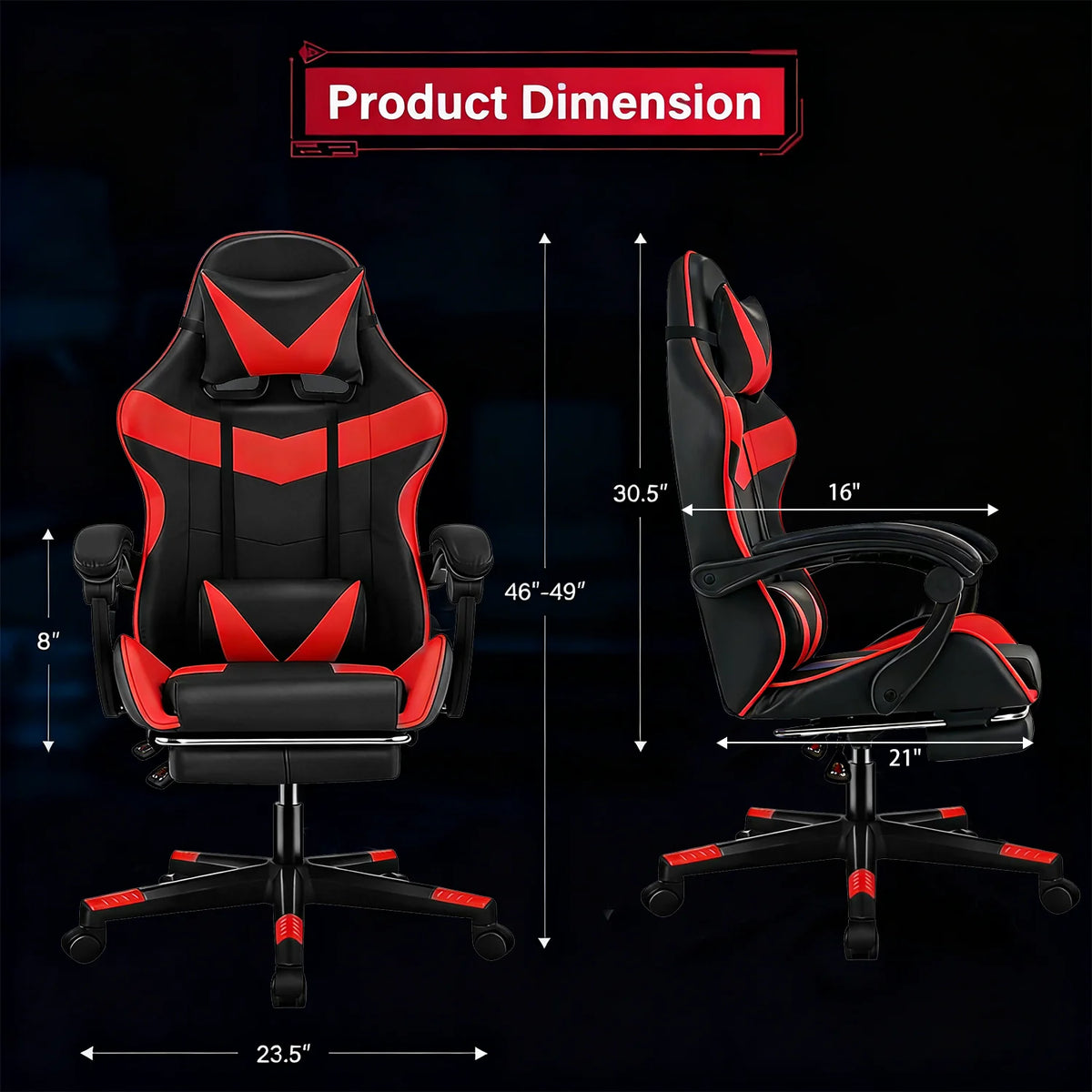 Ergonomic Gaming Chair with Footrest & Headrest, Adjustable Reclining Computer Chair with Lumbar Support, 360° Swivel Racing Chair for Gaming & Office