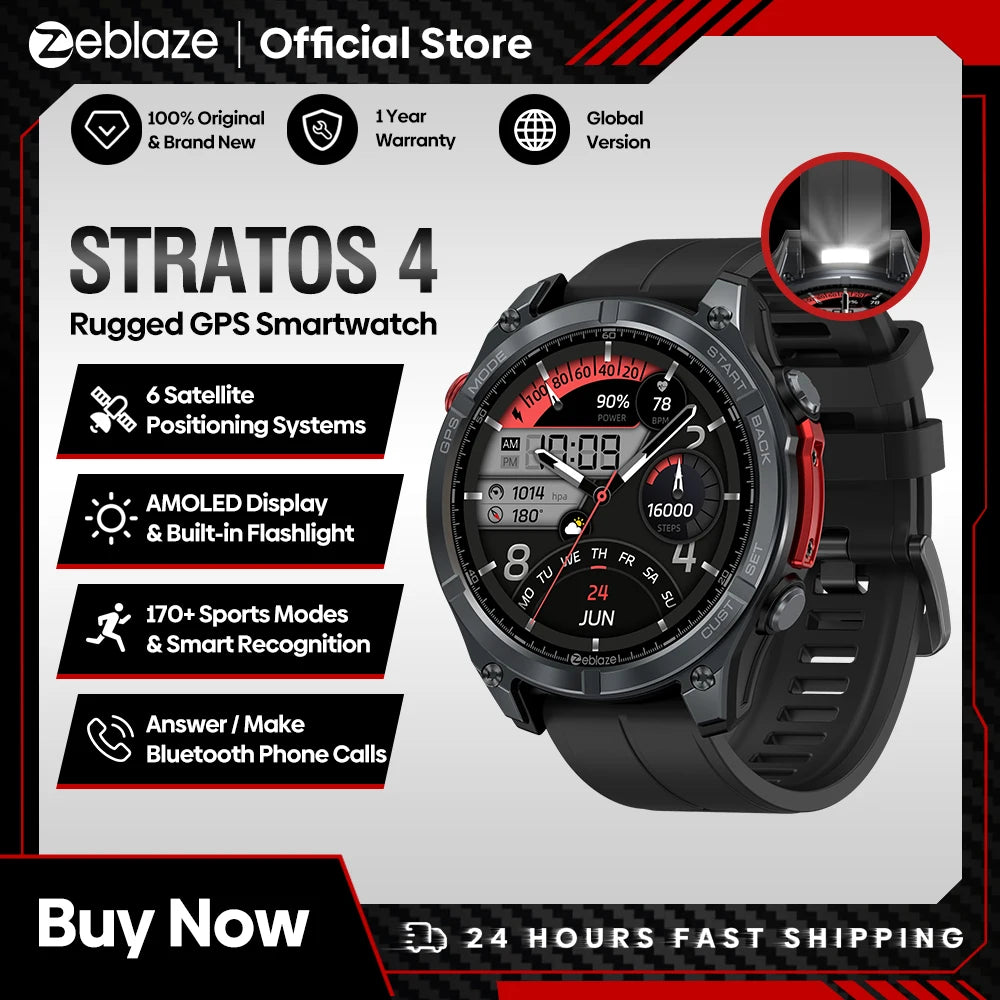 Relógio inteligente Zeblaze Stratos 4 com GPS, ecrã AMOLED de 1,43 polegadas, bússola integrada, altímetro barométrico, lanterna e chamadas de voz