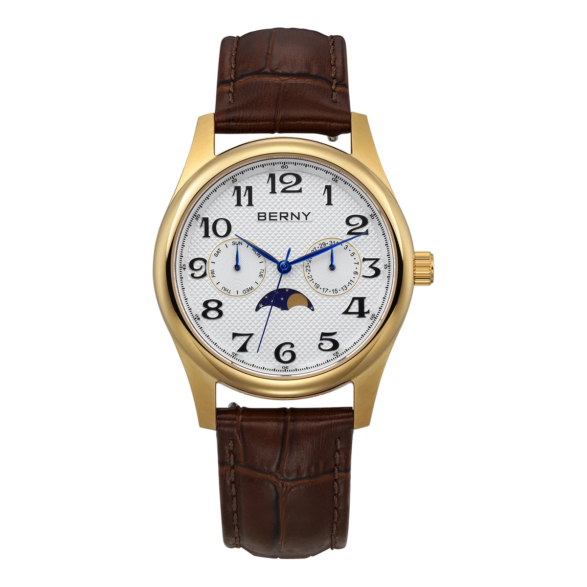 BERNY Watches for Men Moon Phase Quartz Men's Watch Day and Date Calendar Easy Read Vintage-Style Business Dress Wristwatch