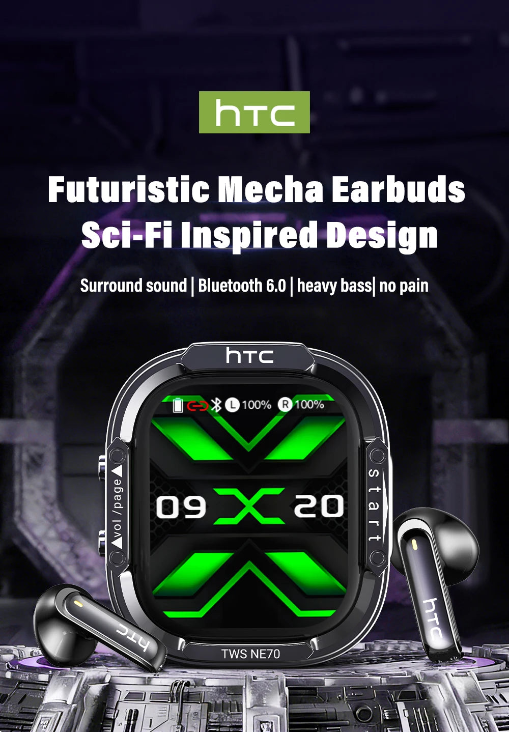 HTC NE70 Bluetooth 5.3 TWS Earbuds Touch Screen AI Translator Gaming Earphones with Noise Reduction, Deep Bass Wireless In-Ear Headphones