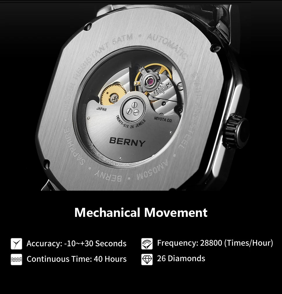 BERNY Men Mechanical Watch Top Accuracy Move Automatic Wristwatch Luxury Male Clock Sapphire Self-Winding Men's Watch Waterproof