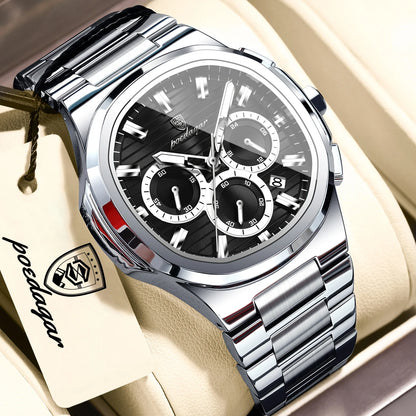 POEDAGAR Men’s Luxury Stainless Steel Quartz Watch  Waterproof Chronograph with Luminous Dial & Date